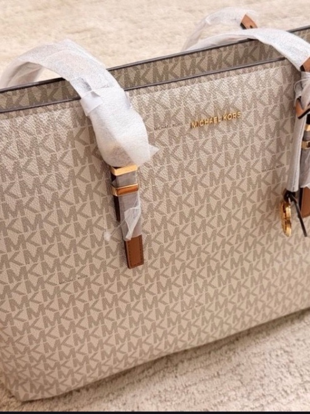 Michael Kors Quin large Cream Logo Tote with Tan Trim